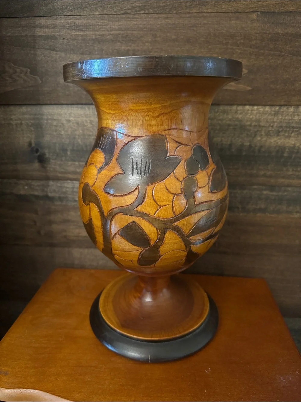 Handcrafted Wooden Decorative Vase - Brown and Black